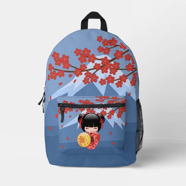 Red Sakura Kokeshi Doll - Niedlich Geisha Girl Bedruckter Rucksack (Vorderseite)