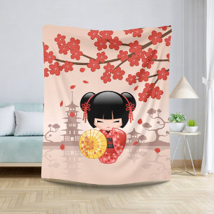 Red Sakura Kokeshi Doll Niedlich Geisha Girl Beige Sherpadecke