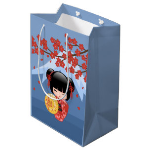 Red Sakura Kokeshi Doll - Niedlich Geisha Girl Blu Mittlere Geschenktüte