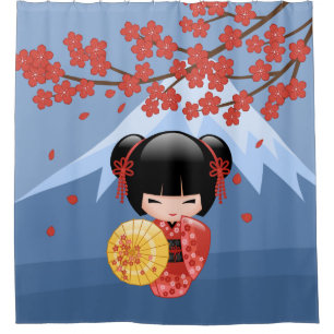 Red Sakura Kokeshi Doll Niedlich Geisha Girl Blue Duschvorhang