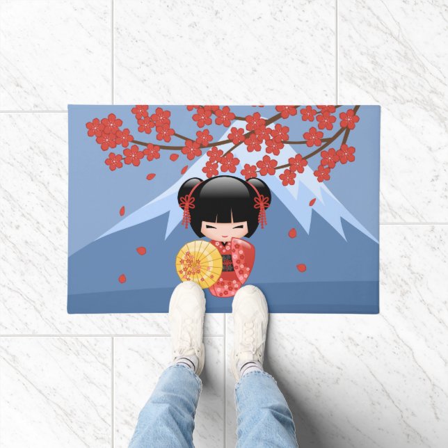 Red Sakura Kokeshi Doll - Niedlich Geisha Girl Fußmatte (Indoor)