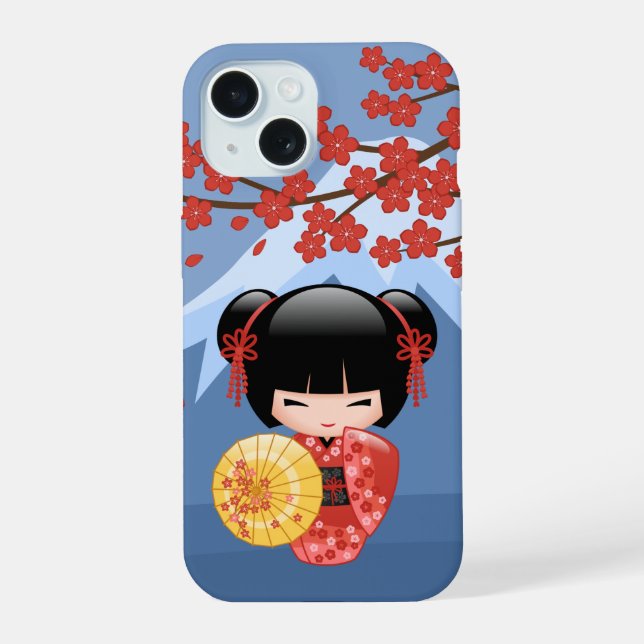 Red Sakura Kokeshi Doll - Niedlich Geisha Girl iPhone 15 Hülle (Rückseite)