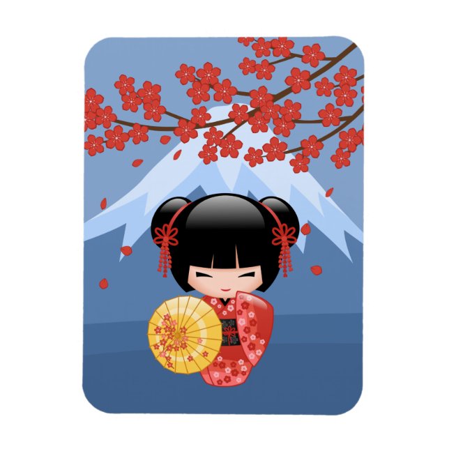 Red Sakura Kokeshi Doll - Niedlich Geisha Girl Magnet (Vertikal)