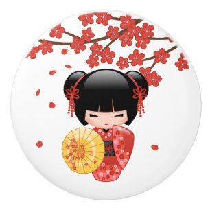 Red Sakura Kokeshi Doll - Niedlich Japanisch Geish Keramikknauf