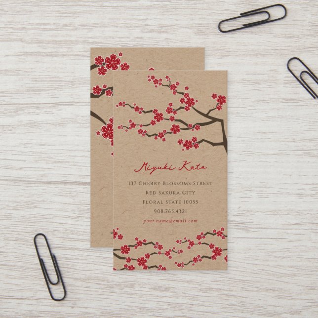 Red Sakura Oriental Chic Zen Cherry Blossoms Kraft Visitenkarte (Vorderseite/Rückseite Beispiel)