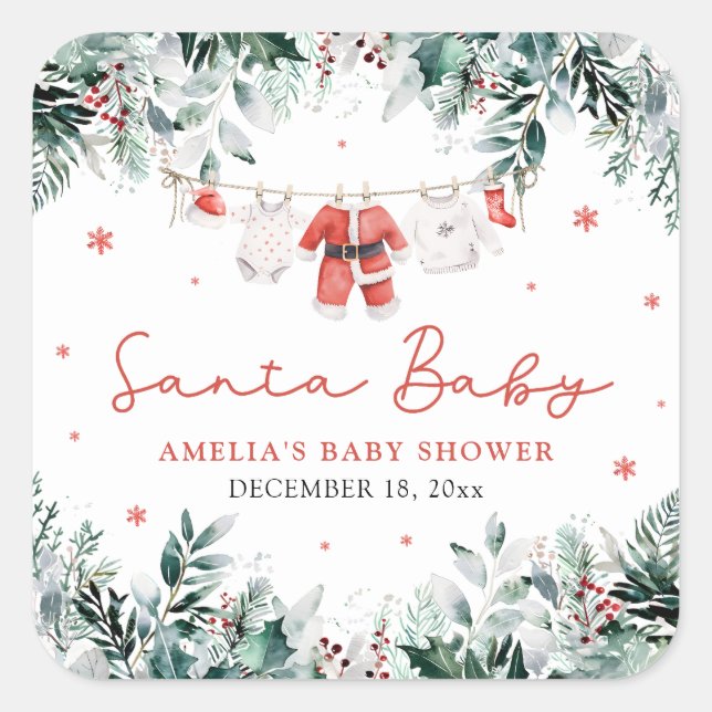 Red Santa Baby Christmas Baby Kleidung Baby Dusche Quadratischer Aufkleber (Vorderseite)