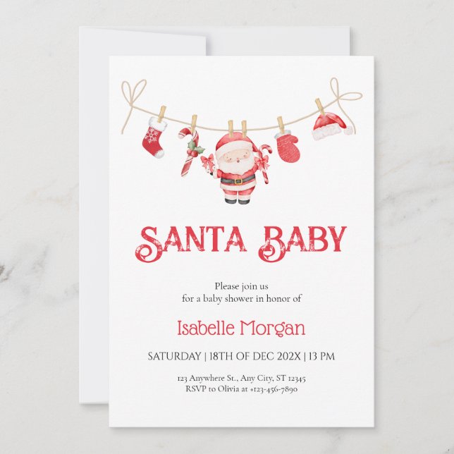 Red Santa Baby Christmas Baby Shower Invitation Einladung (Vorderseite)