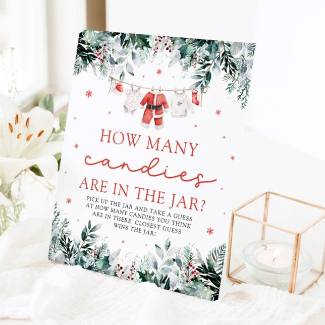 Red Santa Baby rät wie viele Candies Baby Dusche Sockelschild (Watercolor Red Santa Baby Guess How Many Candies Baby Shower Pedestal Sign)