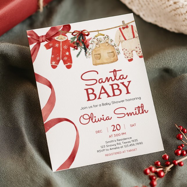 Red Santa Baby Weihnachtsdusche Einladung (Santa Baby Christmas Clothes Baby Shower Invitation)