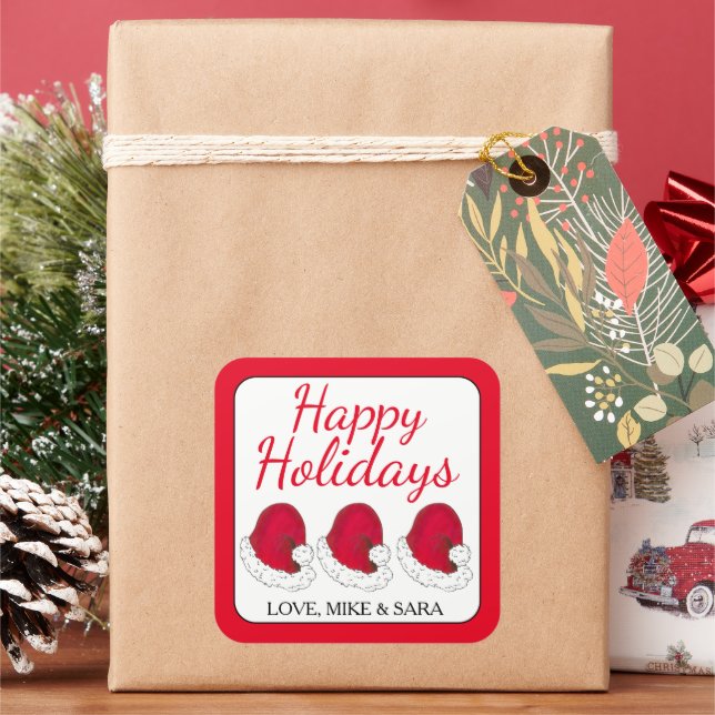 Red Santa Claus Hat Weihnachten glückliche Ferien Quadratischer Aufkleber (Feiertag)