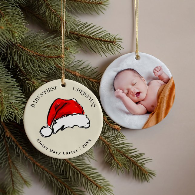 Red Santa Hat Baby's First Christmas Photo Keramik Ornament (Baby's First Christmas Santa Hat photo personalized ornament.)