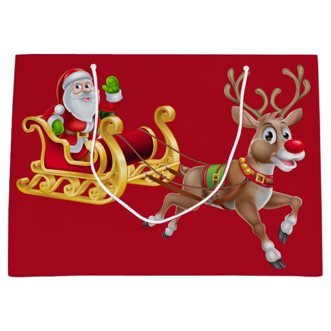 Red Santa Reindeer auf Sleigh Frohe Weihnachten Große Geschenktüte (Vorderseite)