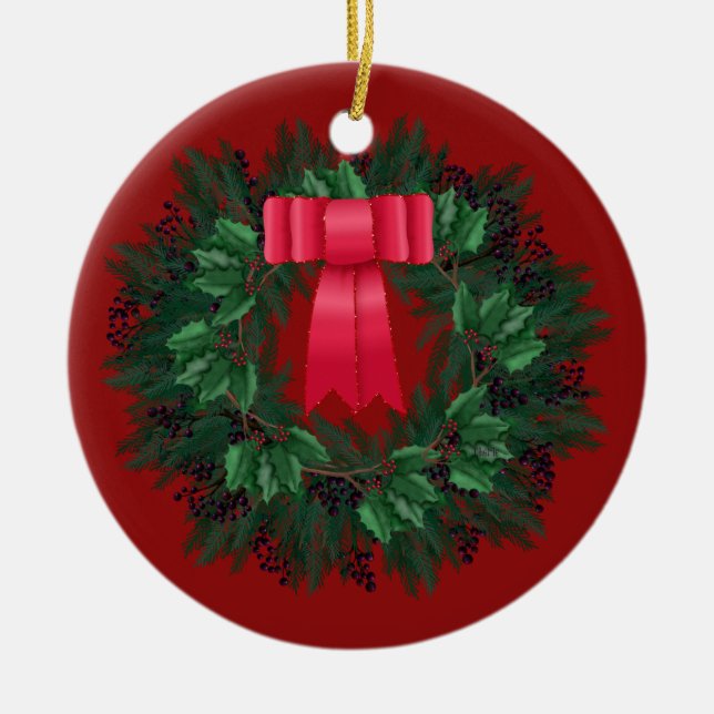 Red Satin Bow Berries Wreath Keramik Ornament (Vorne)