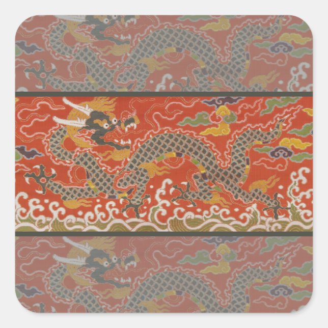 Red Satin Brocade mit Cloud-chinesischem Drachen Quadratischer Aufkleber (Vorderseite)