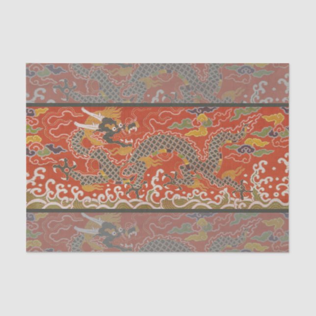Red Satin Brocade mit Cloud-chinesischem Drachen Seidenpapier (Vorderseite)