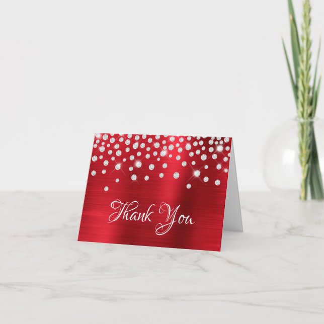 Red Satin Gradient Foil Diamond Confetti Dankeskarte (Vorderseite)