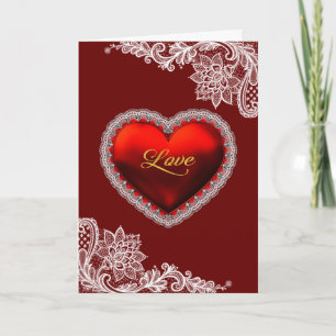 Red Satin Heart White Lace Valentinstag Feiertagskarte