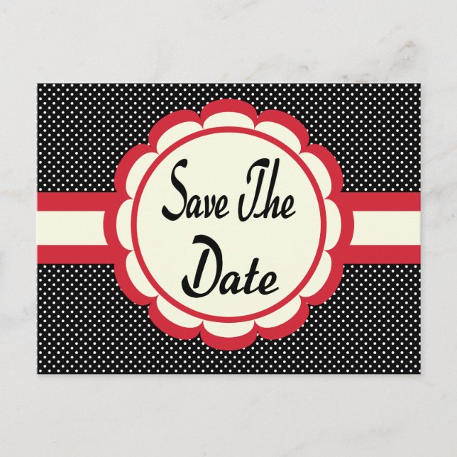 Red Save the Date Black & White Polka Dot Postcard Ankündigungspostkarte (Vorderseite)