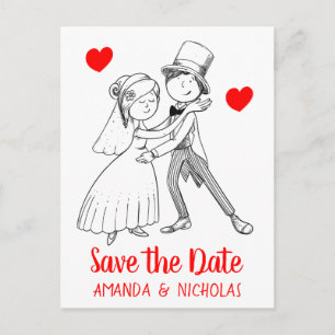 Red Save the Date Wedding Cartoon Bride Groom Postkarte