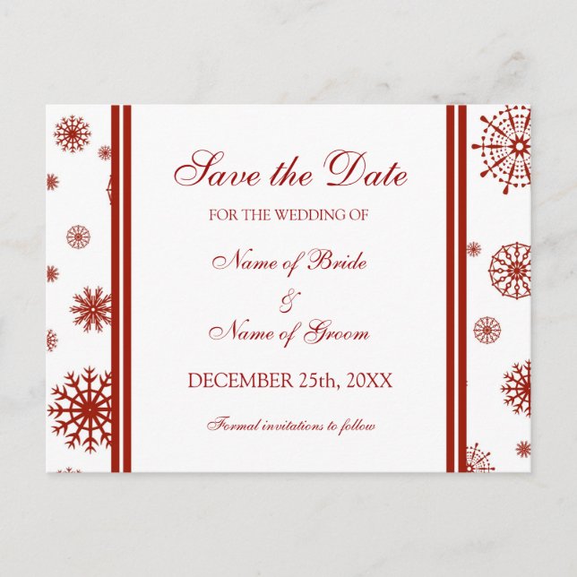Red Save the Date Winter Wedcard Ankündigungspostkarte (Vorderseite)