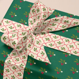 Red Scallop Holly Branch und Berries Weihnachten Satinband