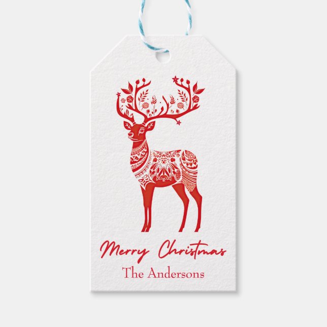 Red Scandinavian Reindeer Frohe Weihnachten Geschenkanhänger (Vorderseite)
