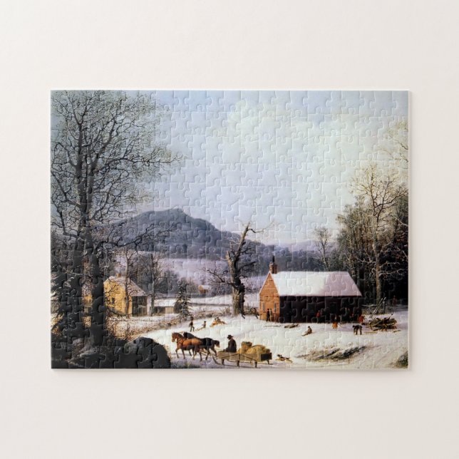 Red School House Winter George Henry Durrie 1858 Puzzle (Horizontal)