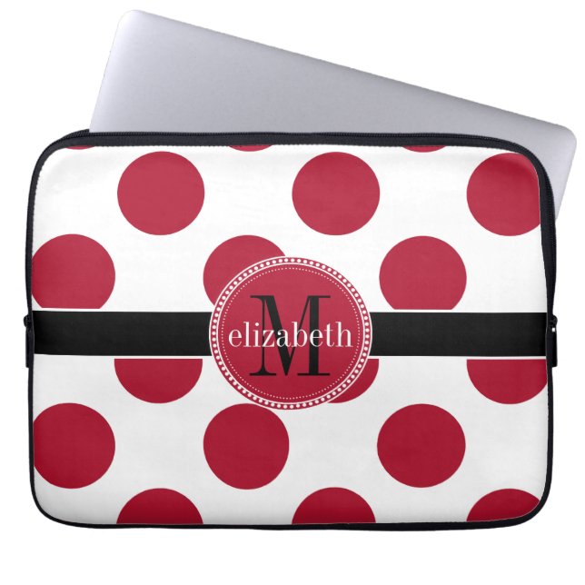 Red Schwarz-weiß Big Polka Dot Monogram Laptopschutzhülle (Vorderseite)