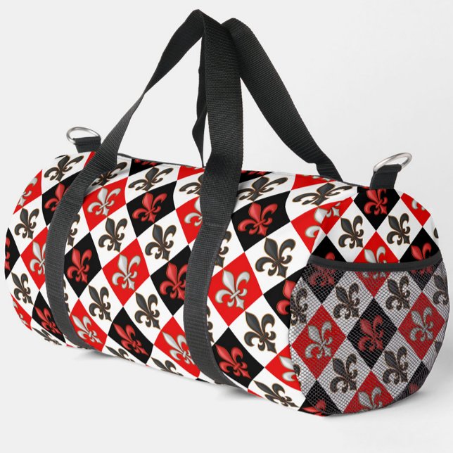 Red Schwarz-weiß Checkered Fleur-de-lis-Design Duffle Bag (Von Creator hochgeladen)