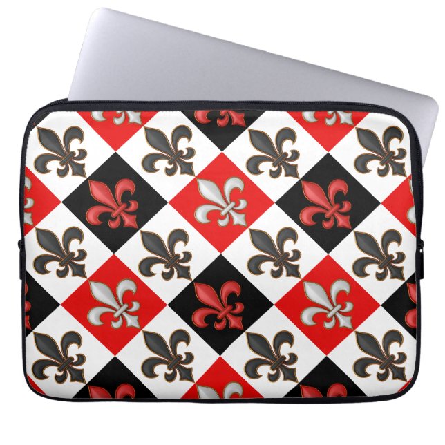 Red Schwarz-weiß Checkered Fleur-de-lis-Design Laptopschutzhülle (Vorderseite)