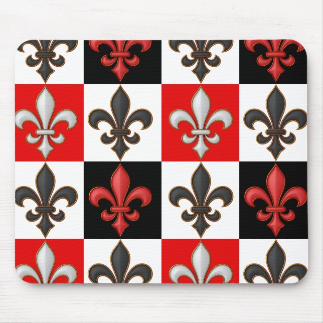Red Schwarz-weiß Checkered Fleur-de-lis-Design Mousepad (Vorne)