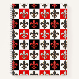 Red Schwarz-weiß Checkered Fleur-de-lis-Design Notizbuch