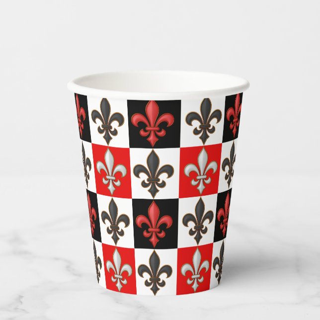 Red Schwarz-weiß Checkered Fleur-de-lis-Design Pappbecher (Vorderseite)