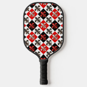 Red Schwarz-weiß Checkered Fleur-de-lis-Design Pickleball Schläger