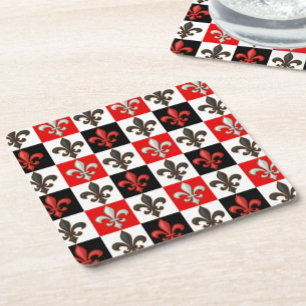 Red Schwarz-weiß Checkered Fleur-de-lis-Design Rechteckiger Pappuntersetzer