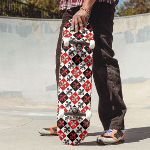Red Schwarz-weiß Checkered Fleur-de-lis-Design Skateboard