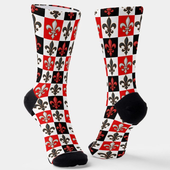 Red Schwarz-weiß Checkered Fleur-de-lis-Design Socken (Von Creator hochgeladen)