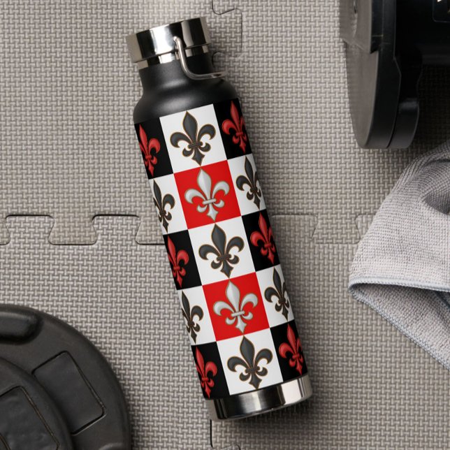Red Schwarz-weiß Checkered Fleur-de-lis-Design Trinkflasche (Von Creator hochgeladen)