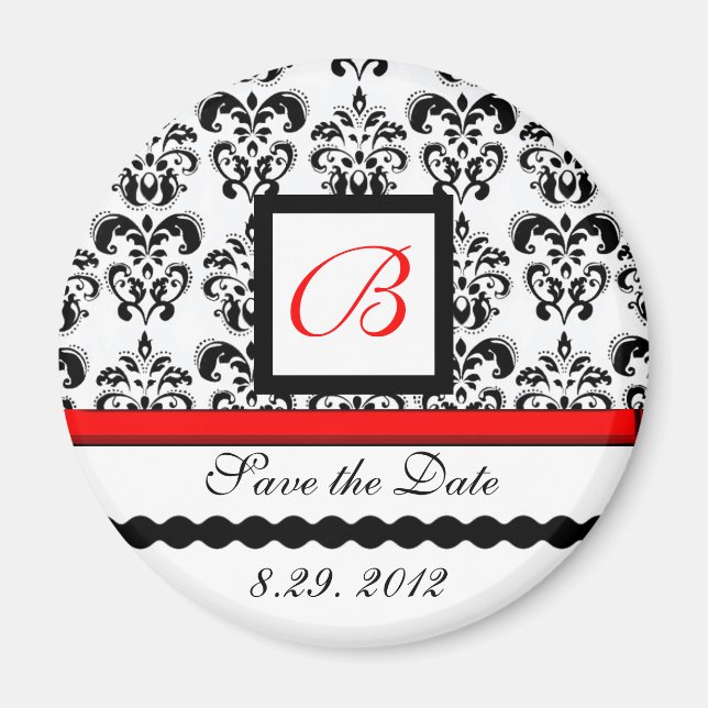 RED SCHWARZ-WEISS DAMASK MONOGRAM, Save the Date Magnet (Vorne)