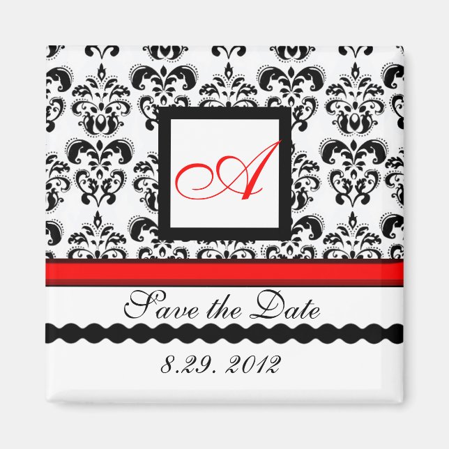 RED SCHWARZ-WEISS DAMASK MONOGRAM, Save the Date Magnet (Vorne)