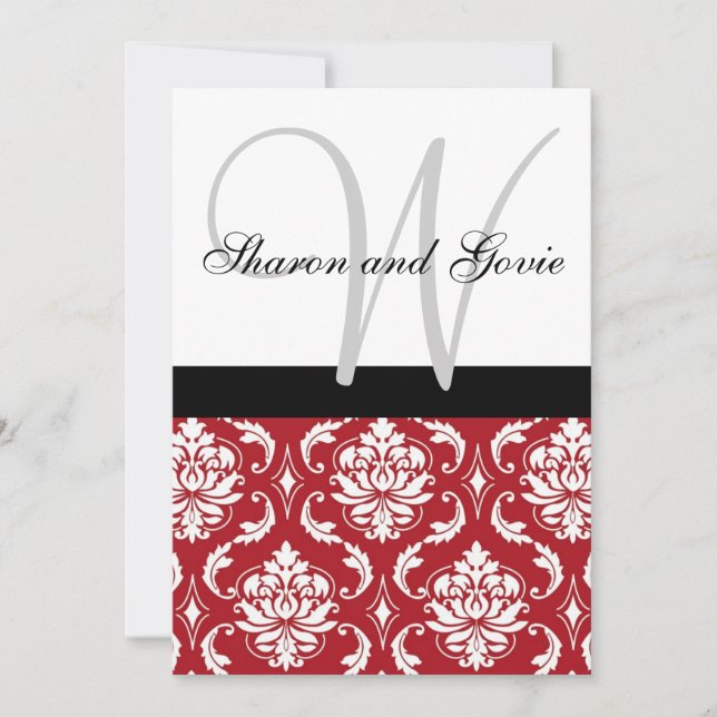 Red Schwarz-weiß Damask Monogram Wedding Einladung (Vorderseite)