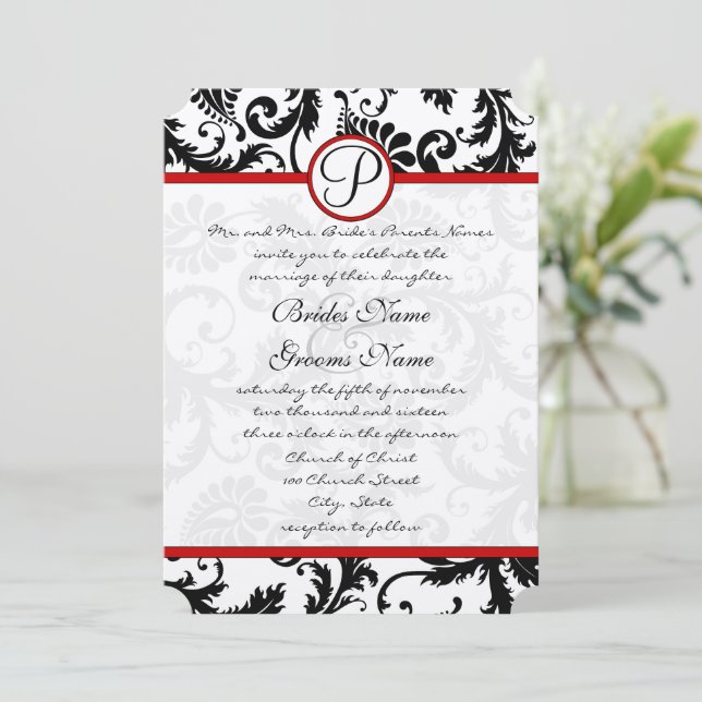 Red Schwarz-weiß Damask Swirf RSVP Cards Einladung (Stehend Vorderseite)