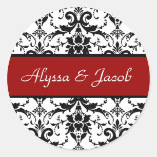 Red Schwarz-weiß Damask Wedding V4 Runder Aufkleber