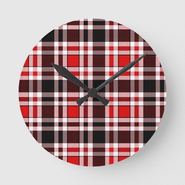 Red Schwarz-weiß Flannel Tartan Muster Runde Wanduhr (Vorderseite)