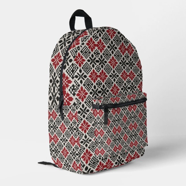 Red Schwarz-weiß Geometric Folk Pattern Bedruckter Rucksack (Rückseitige Ecke links)