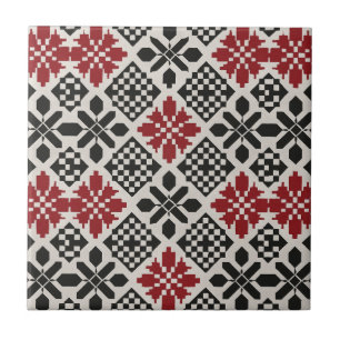 Red Schwarz-weiß Geometric Folk Pattern Fliese
