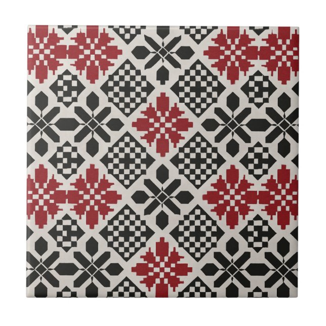 Red Schwarz-weiß Geometric Folk Pattern Fliese (Vorderseite)