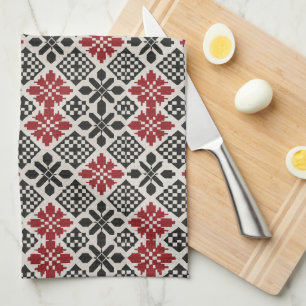 Red Schwarz-weiß Geometric Folk Pattern Geschirrtuch