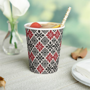 Red Schwarz-weiß Geometric Folk Pattern Pappbecher