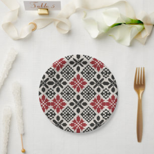 Red Schwarz-weiß Geometric Folk Pattern Pappteller